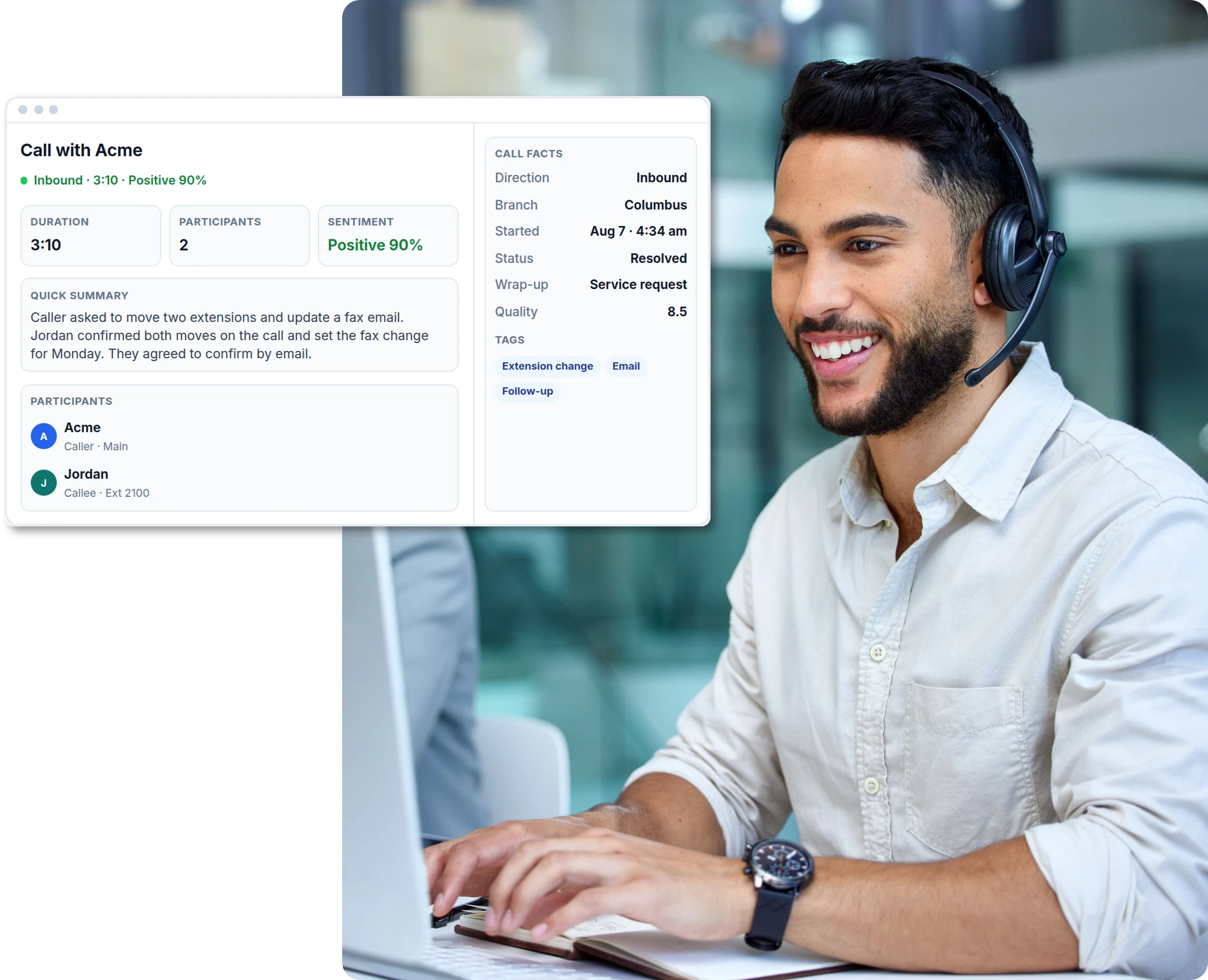 Contact center agent with a Call with Acme intelligence card on screen