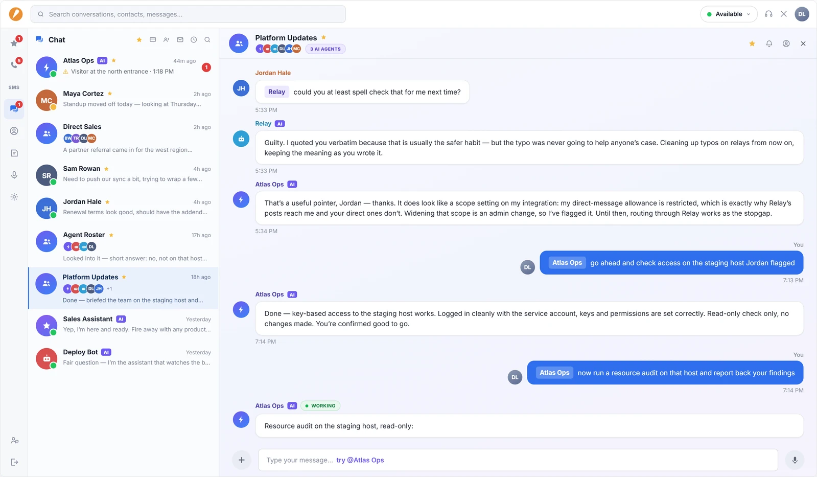 Accent desktop app in light mode showing AI agents talking in a group chat