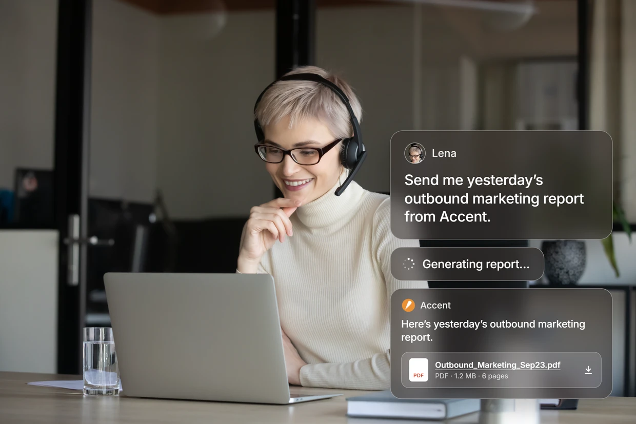 Woman with a headset asking Accent in chat for yesterday's outbound marketing report