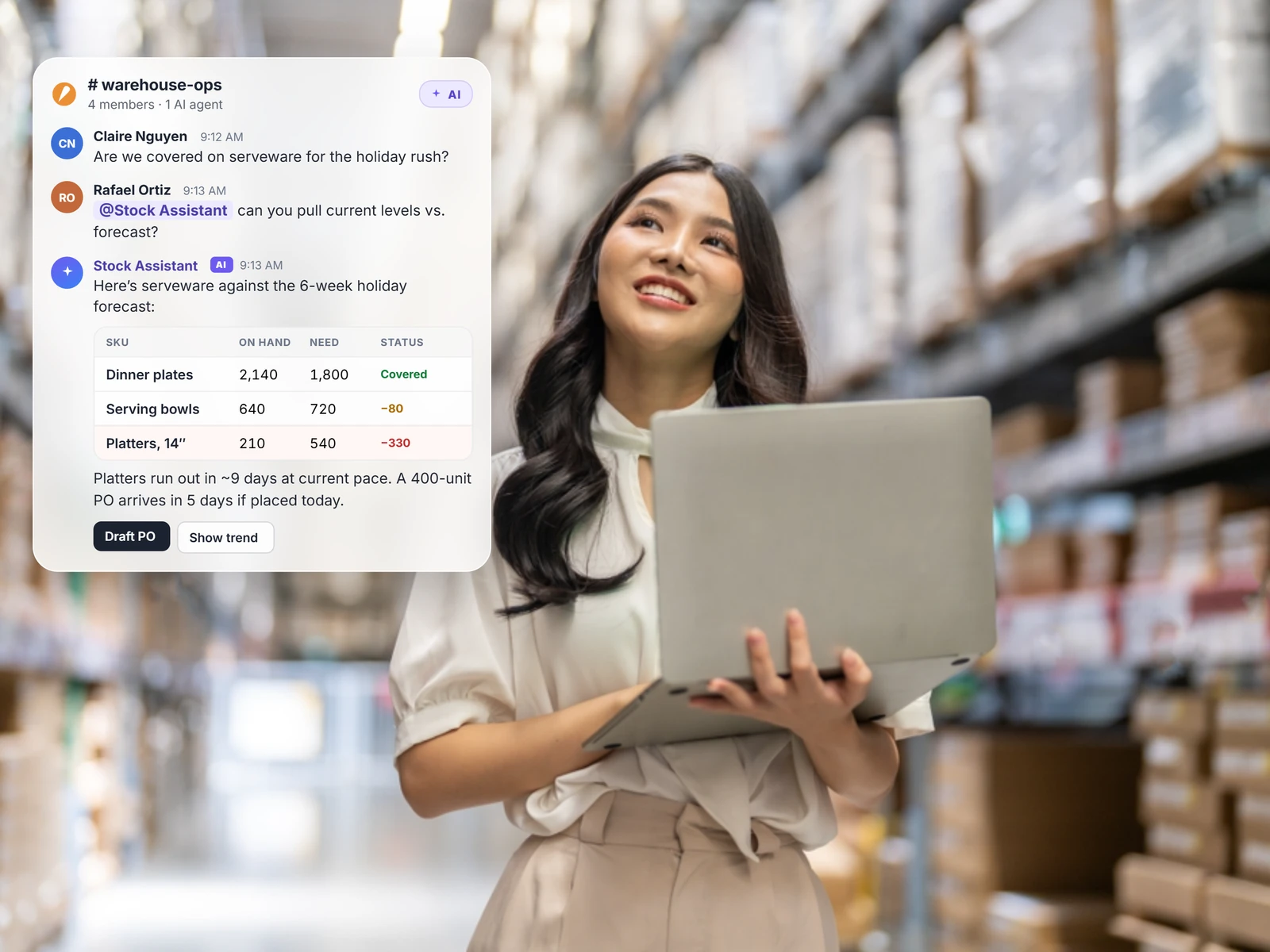Warehouse teammate with a laptop while an AI agent answers a stock question in chat