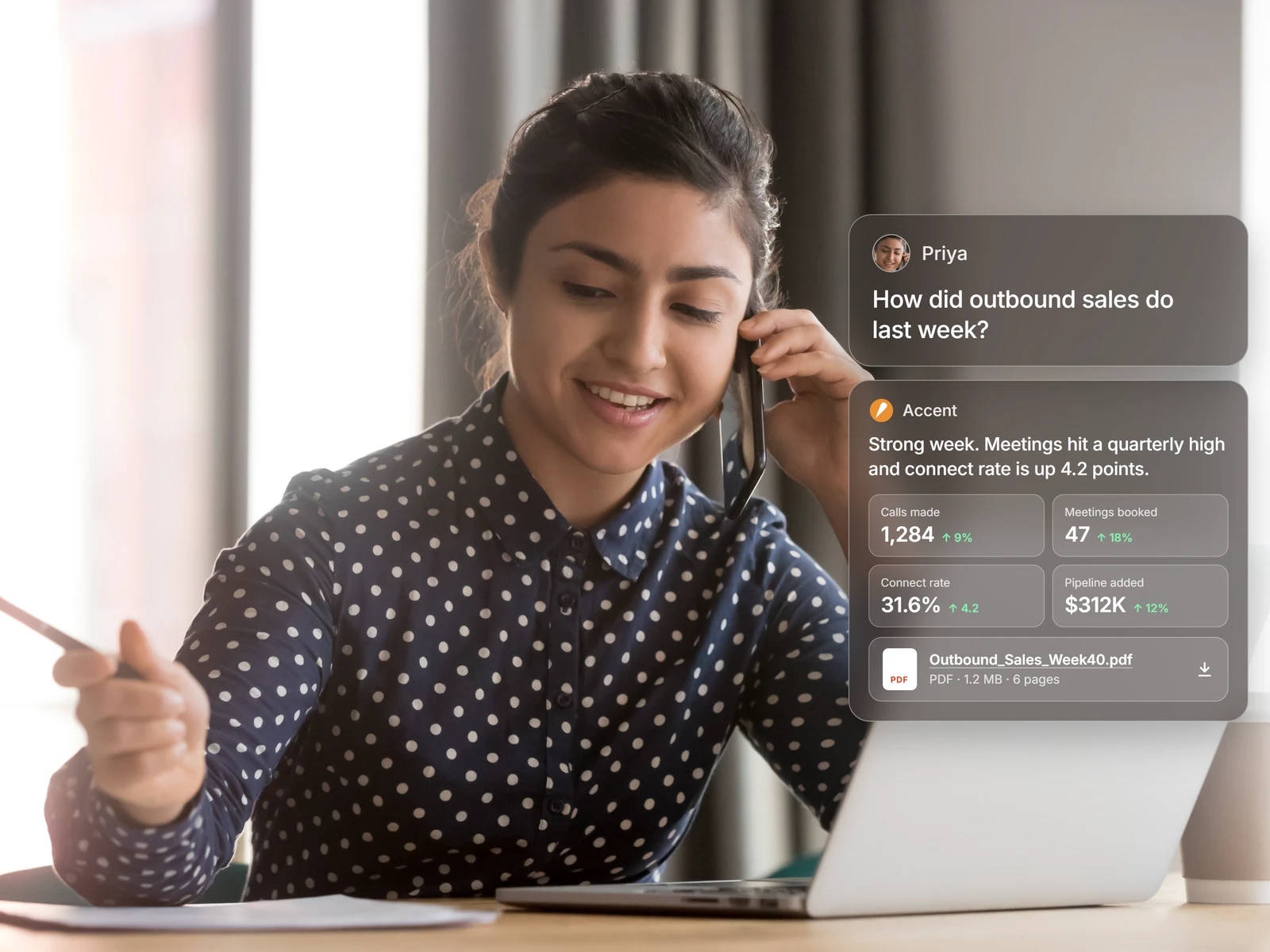 Sales teammate on a call while Accent answers how outbound sales did last week, with meetings booked, connect rate, and a weekly report