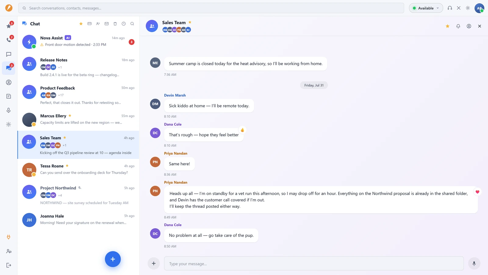 Accent desktop app in light mode showing a Sales Team group conversation