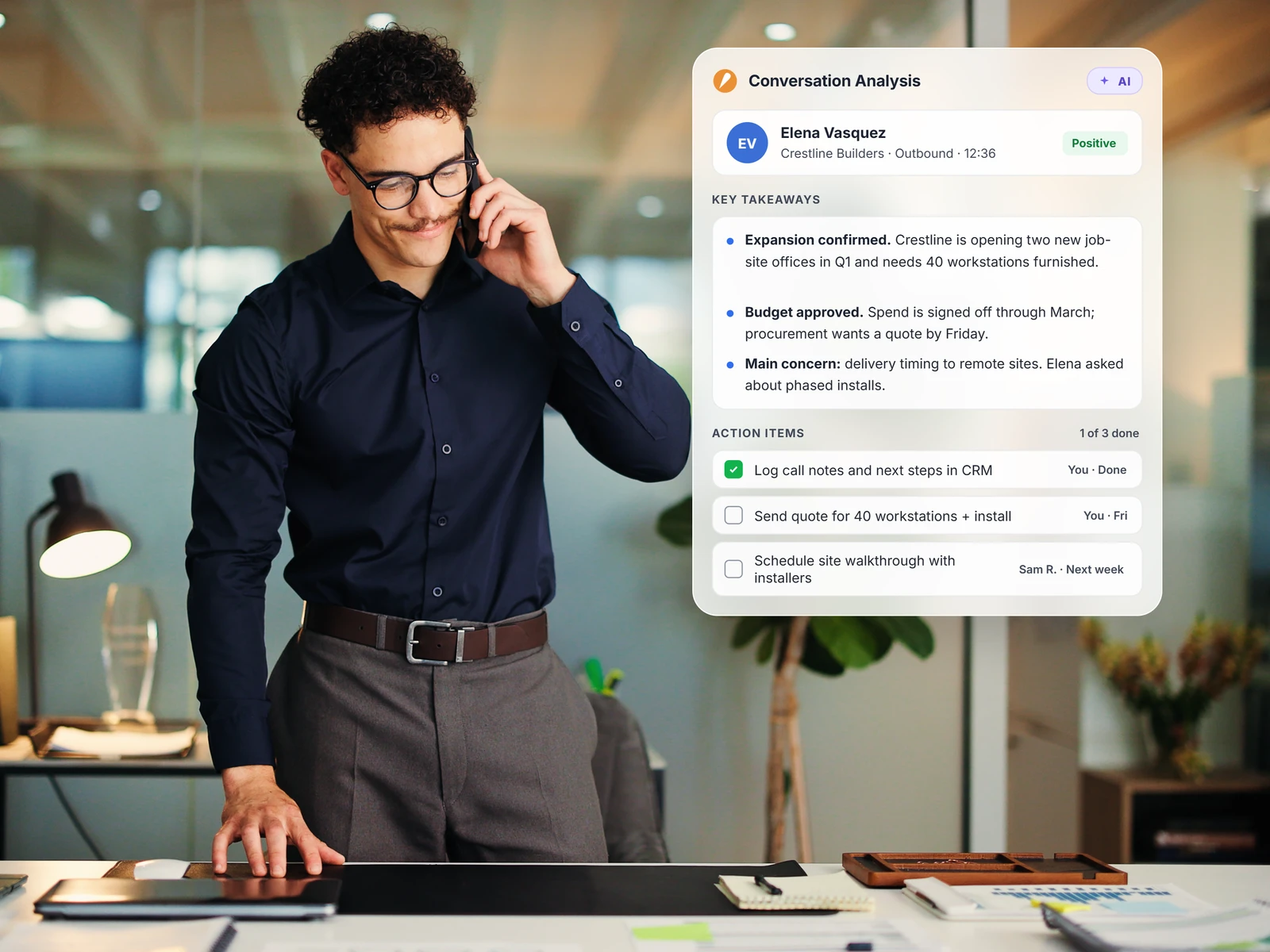 Sales teammate on a call while Conversation Analysis lists takeaways and action items from an outbound call with Crestline Builders