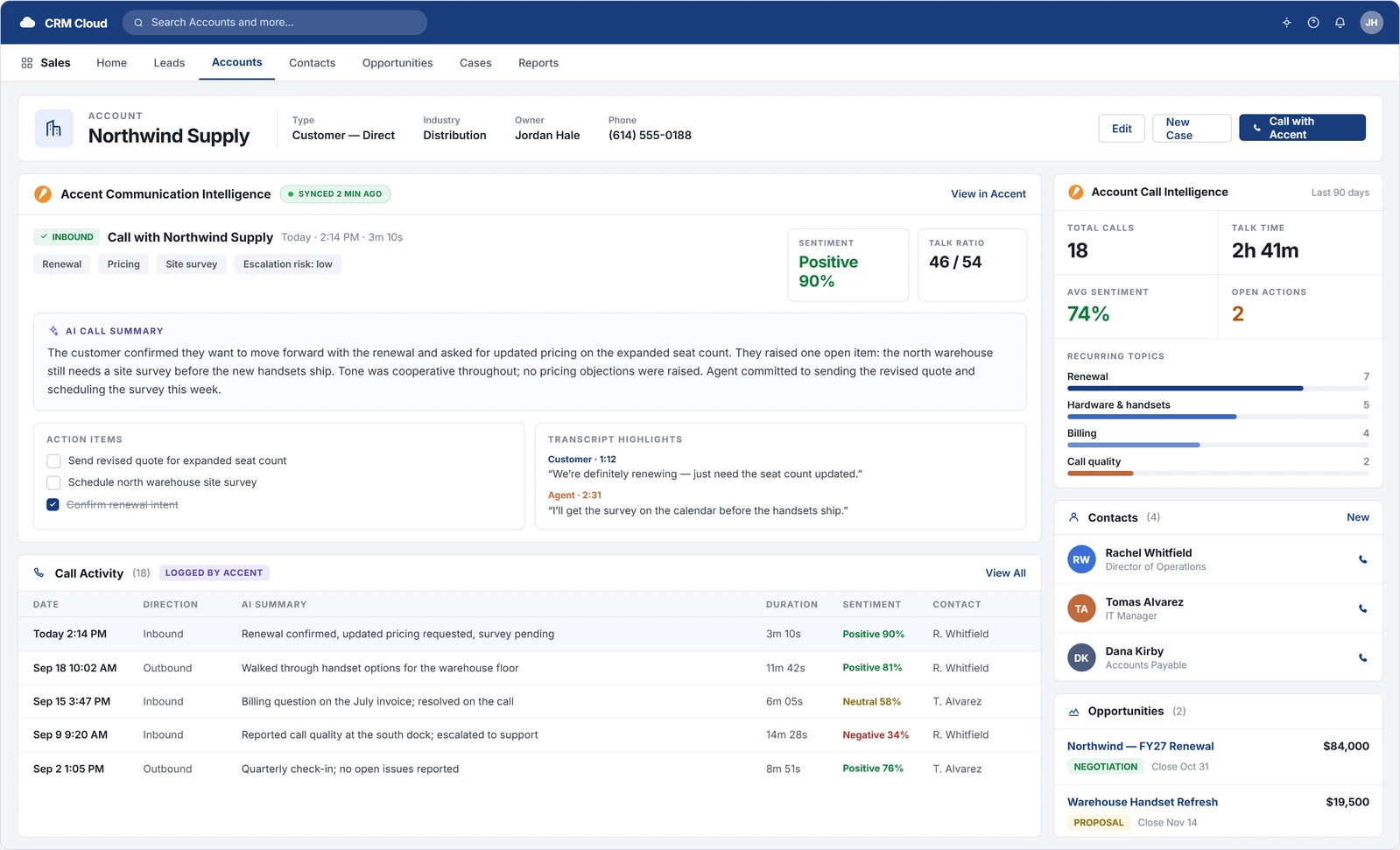 CRM Cloud Northwind Supply account with Accent Communication Intelligence call summary