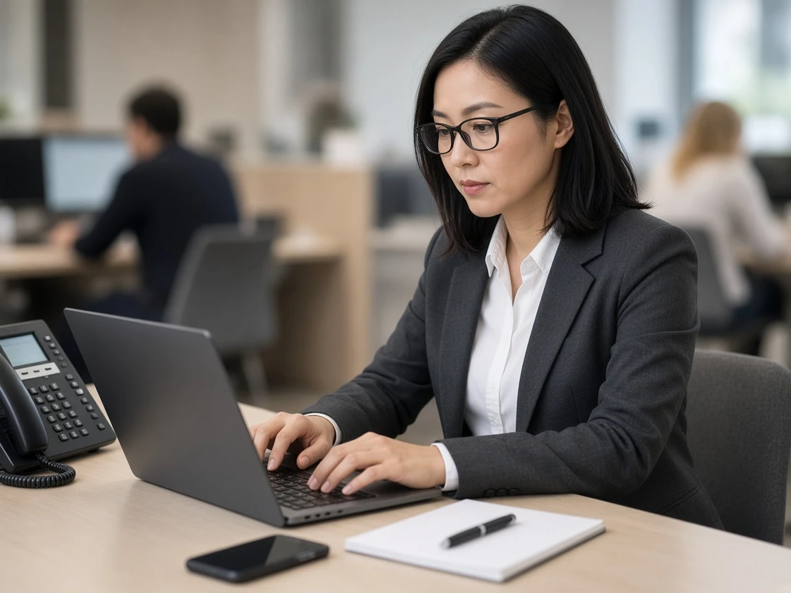 Office professional updating customer records on a laptop beside a desk phone and smartphone
