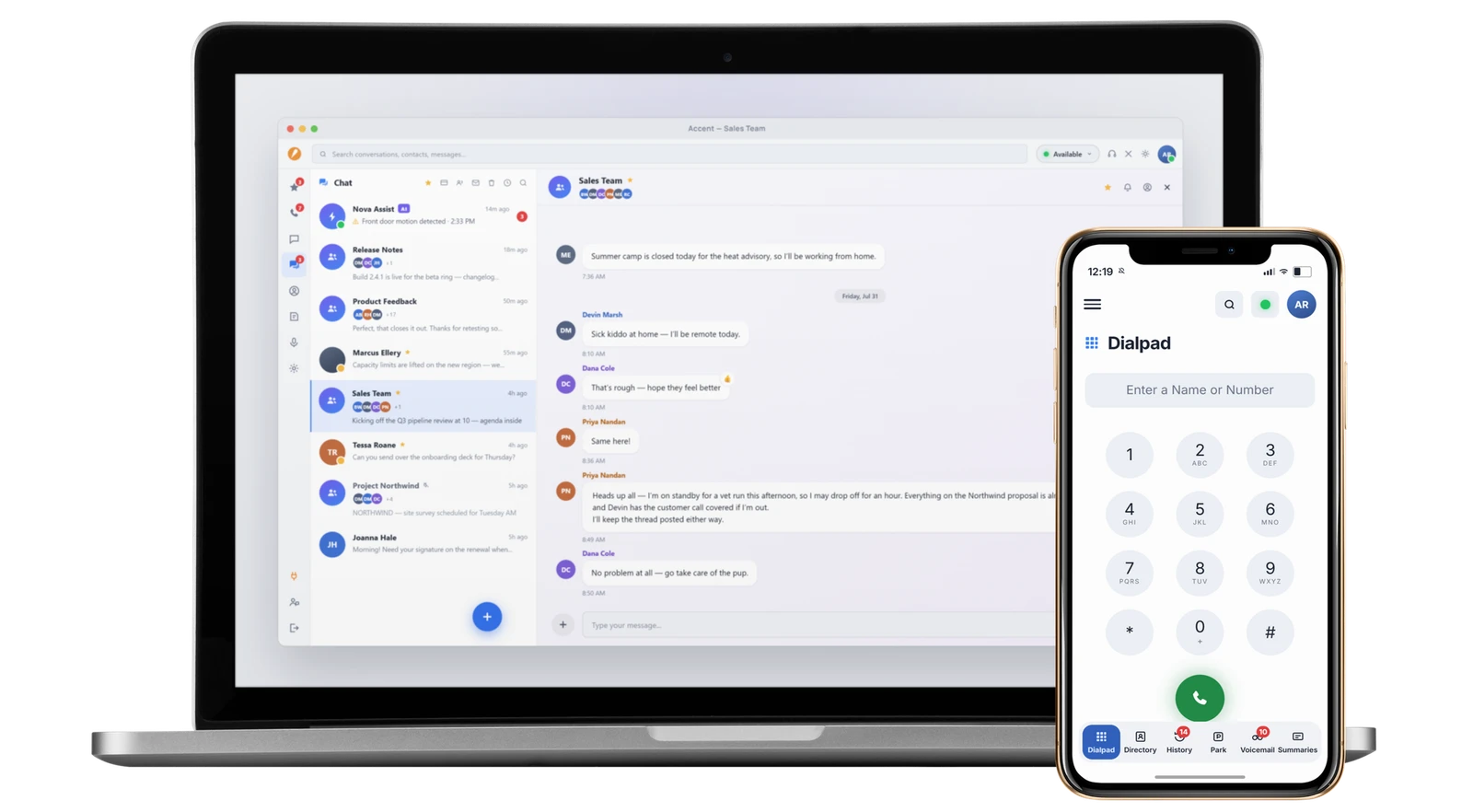 Accent chat on a laptop next to the mobile dialer on a smartphone