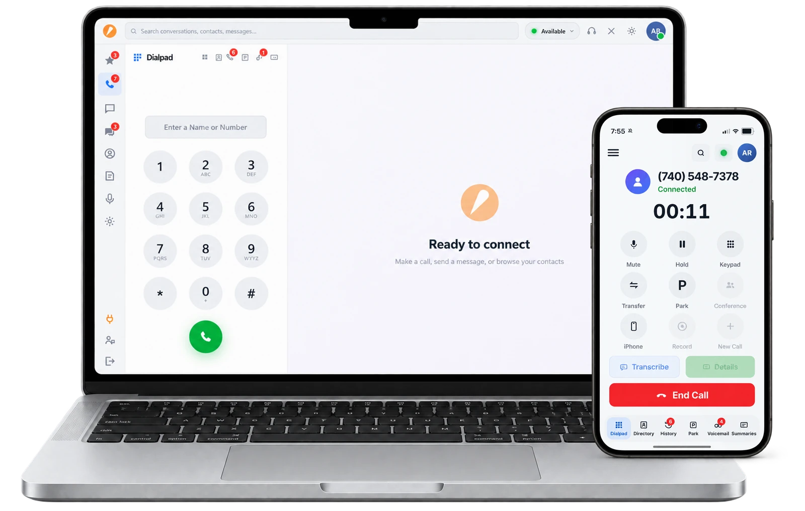 Accent desktop app showing the dialpad on a laptop, with an active call on the mobile app