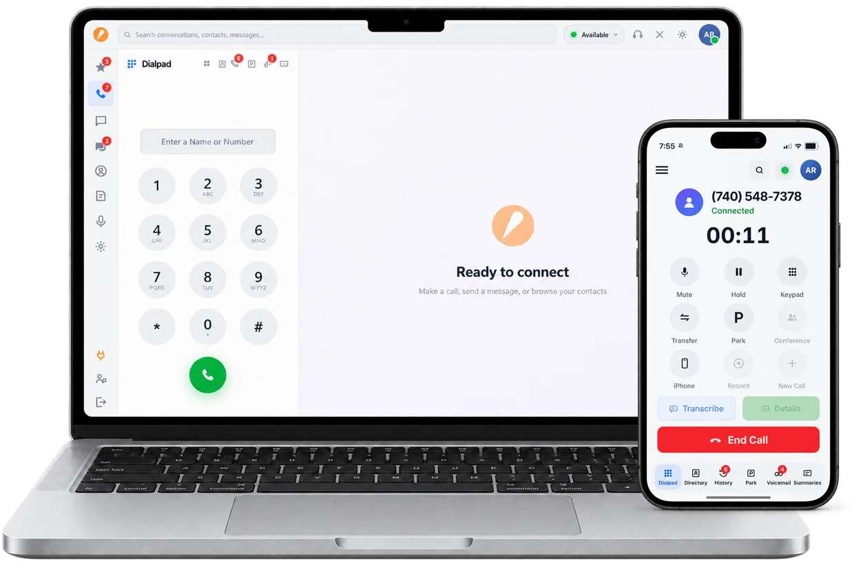 Accent app with the dialpad on a laptop and an active call on a phone