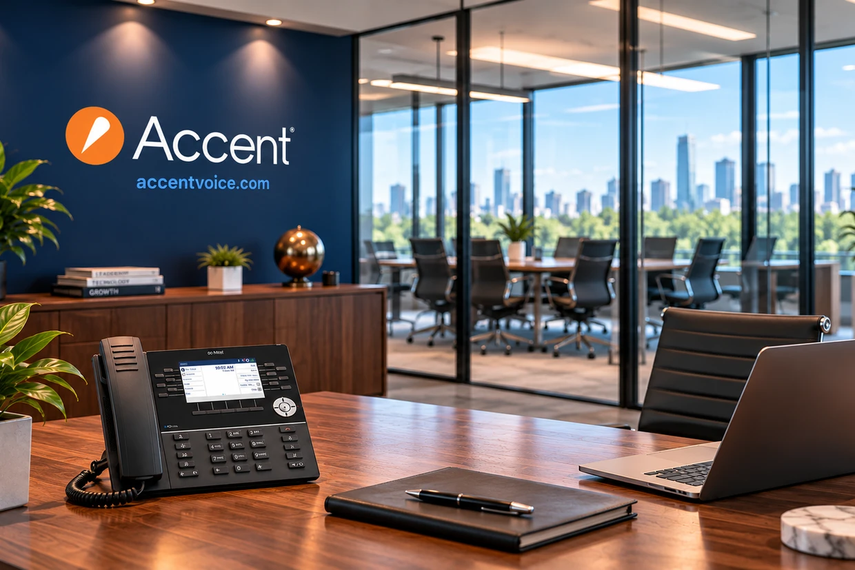 Mitel desk phone on a wood desk in an Accent office, with a conference room and city skyline beyond the glass