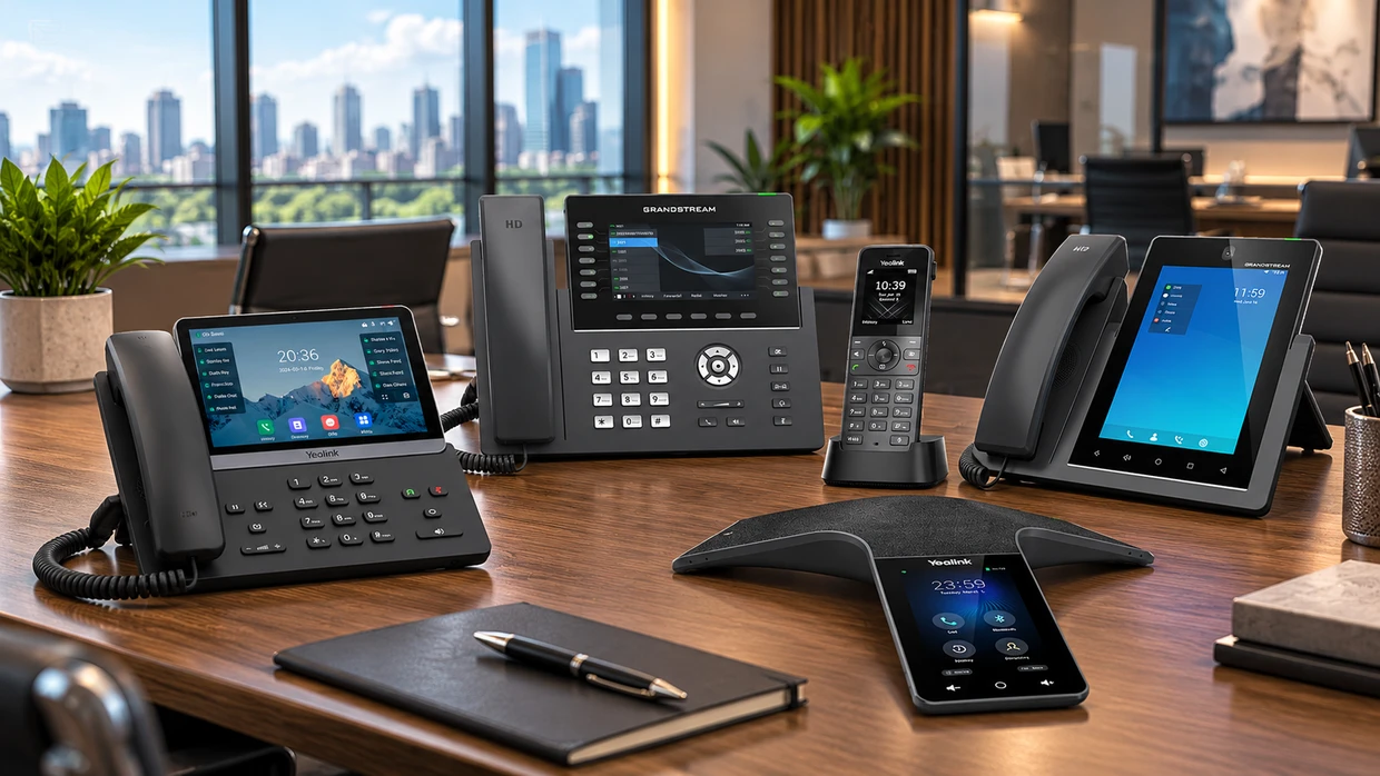 Yealink and Grandstream desk phones, a Yealink cordless handset in its charger, and a Yealink conference phone on a wood table in an office with a city view