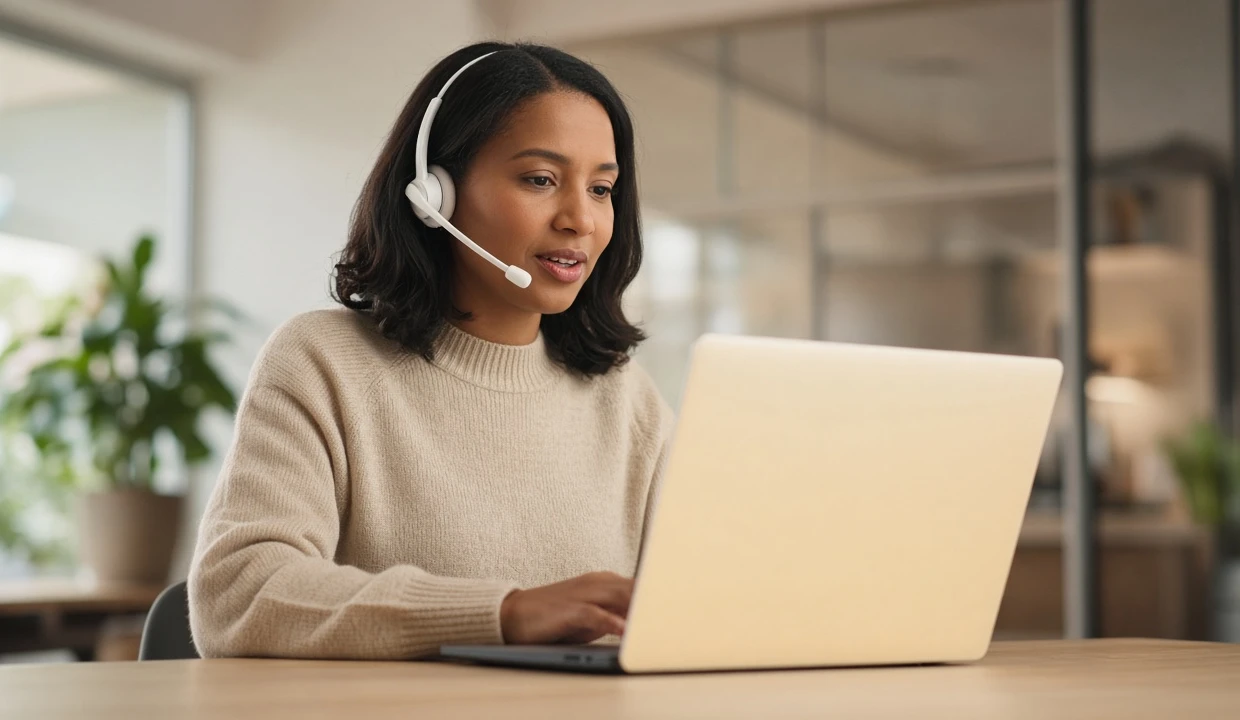 Specialist on a headset speaking with a customer while working at a laptop