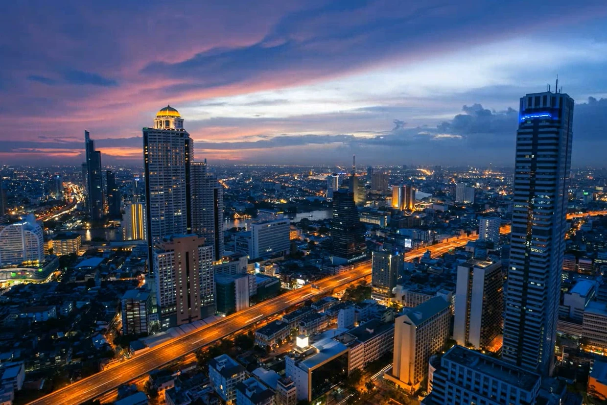 City skyline at dusk