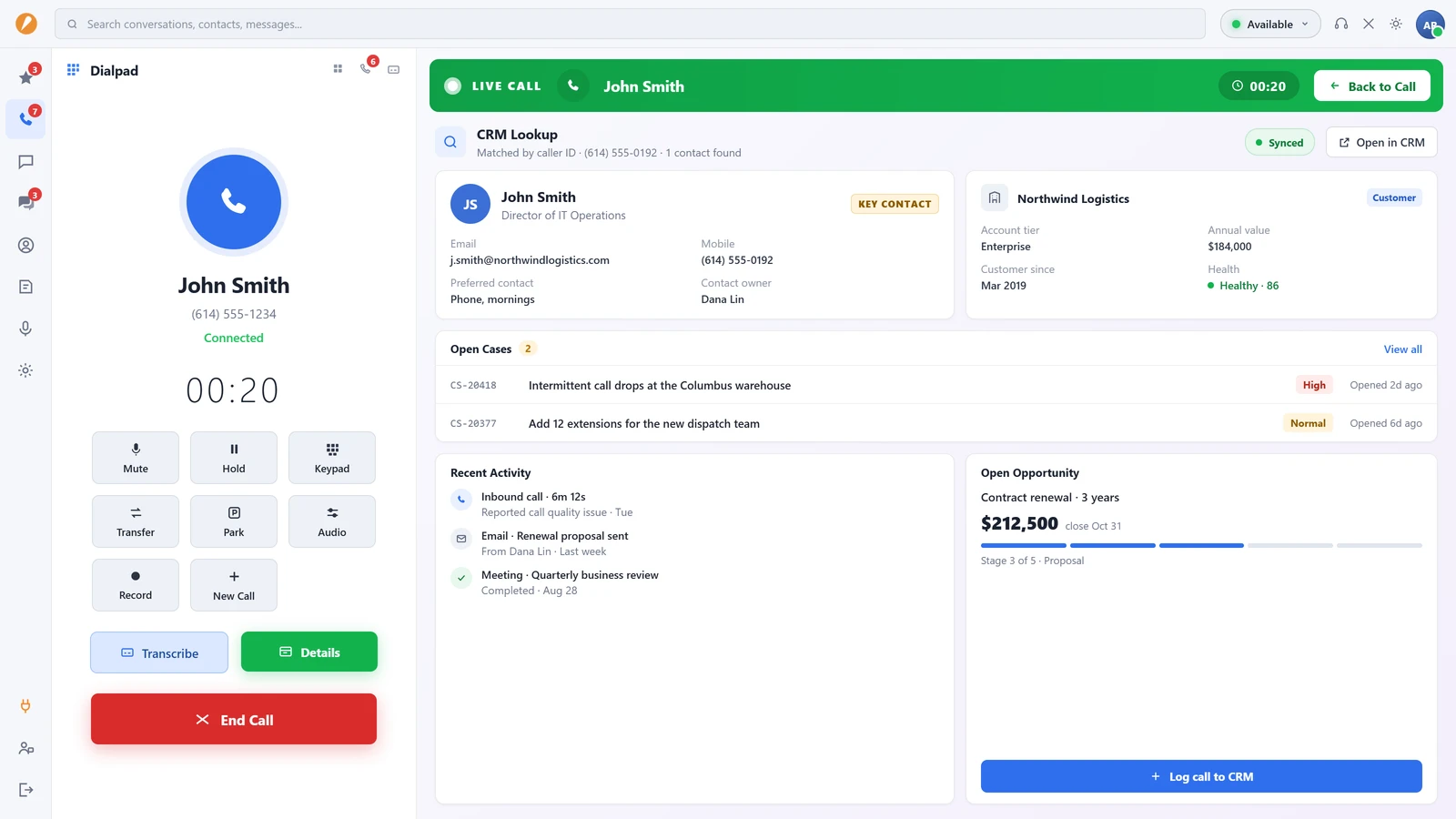 Accent desktop app in light mode showing a live call with a matched CRM record