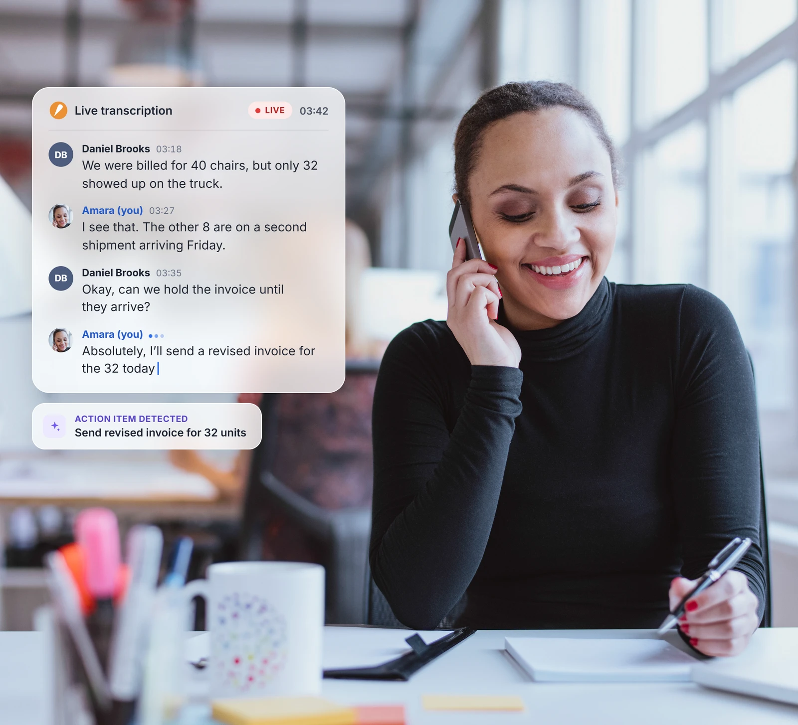 Woman on a desk call with a live transcription card and a detected action item