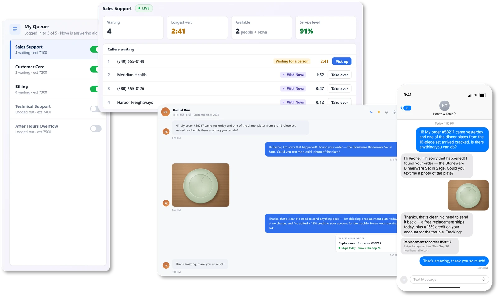 Accent My Queues, agent chat, and SMS conversation across desktop and mobile