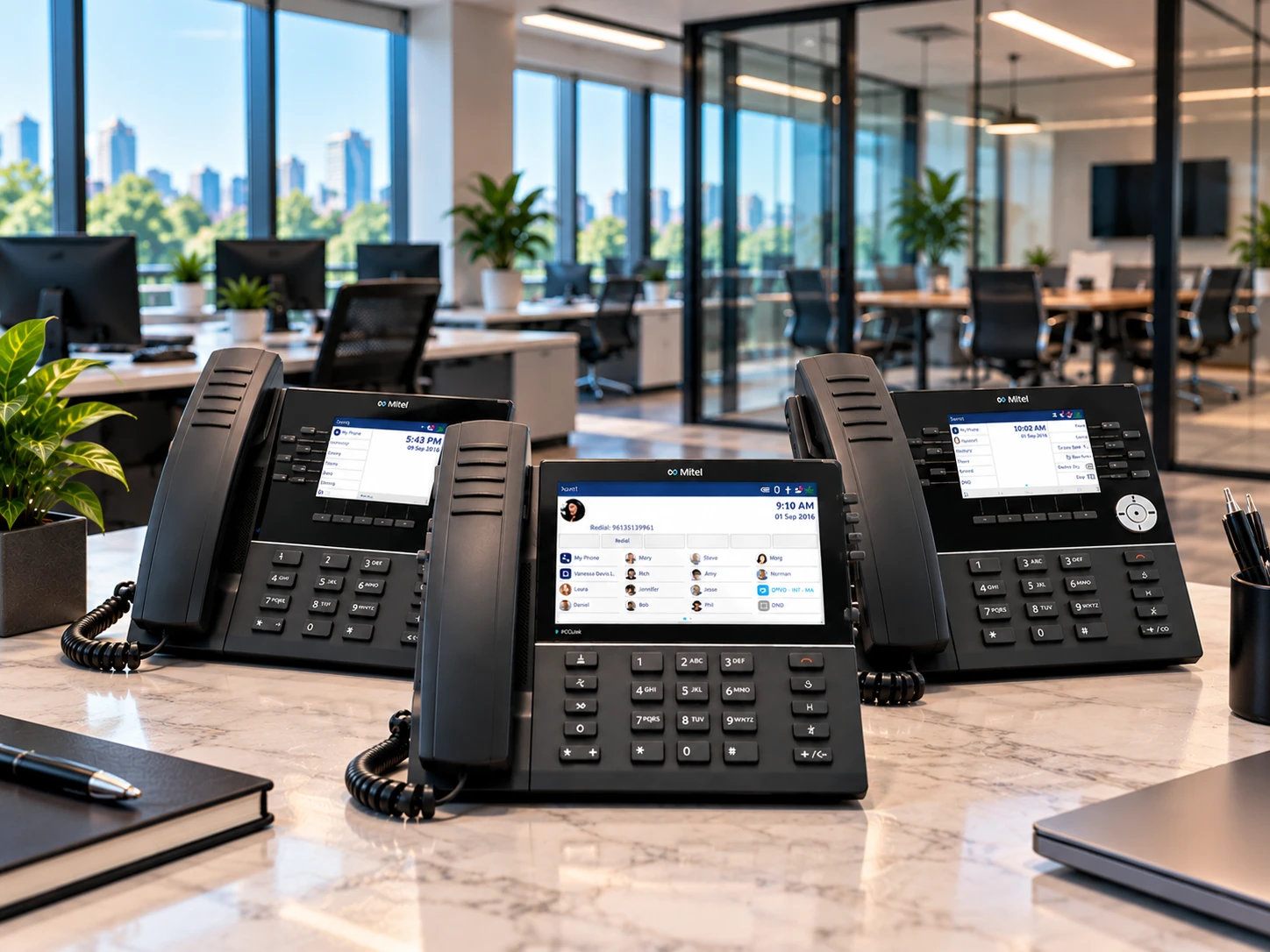 Three Mitel desk phones on a stone desk in a bright office