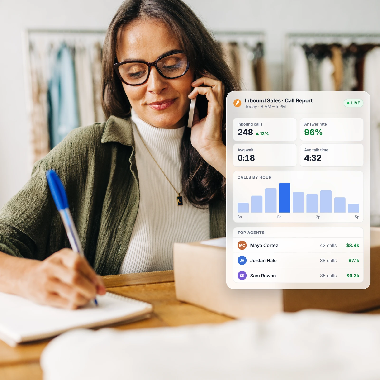 Woman on a phone call next to an inbound sales call report