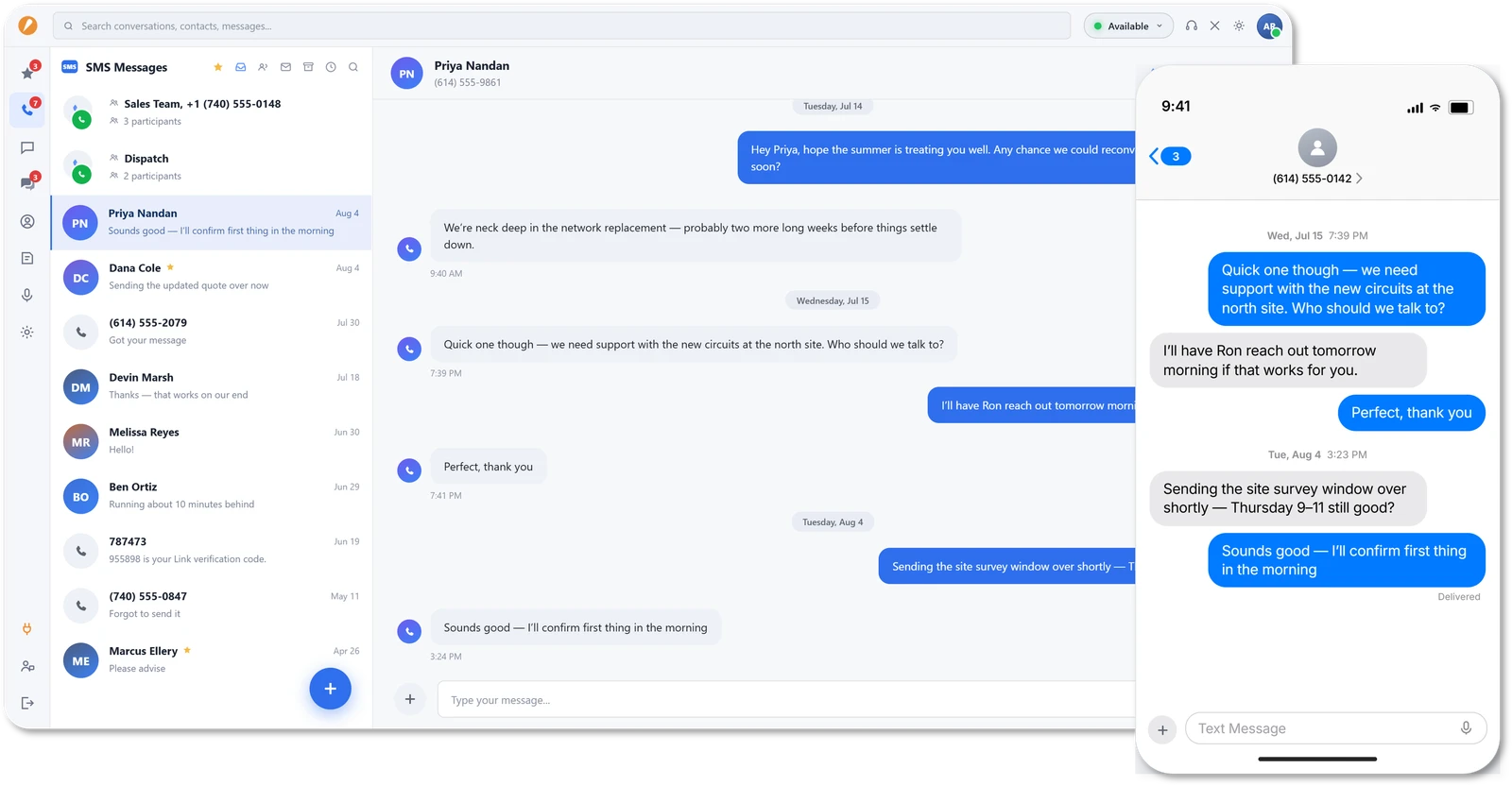 Accent desktop SMS with Priya Nandan, and the same thread on her phone