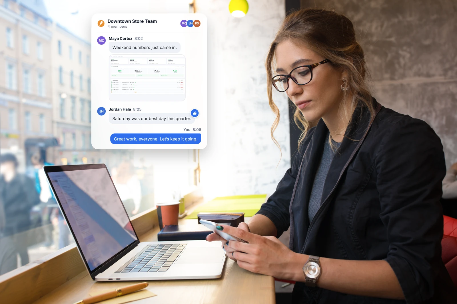 Woman with a laptop and phone next to a Downtown Store Team group conversation