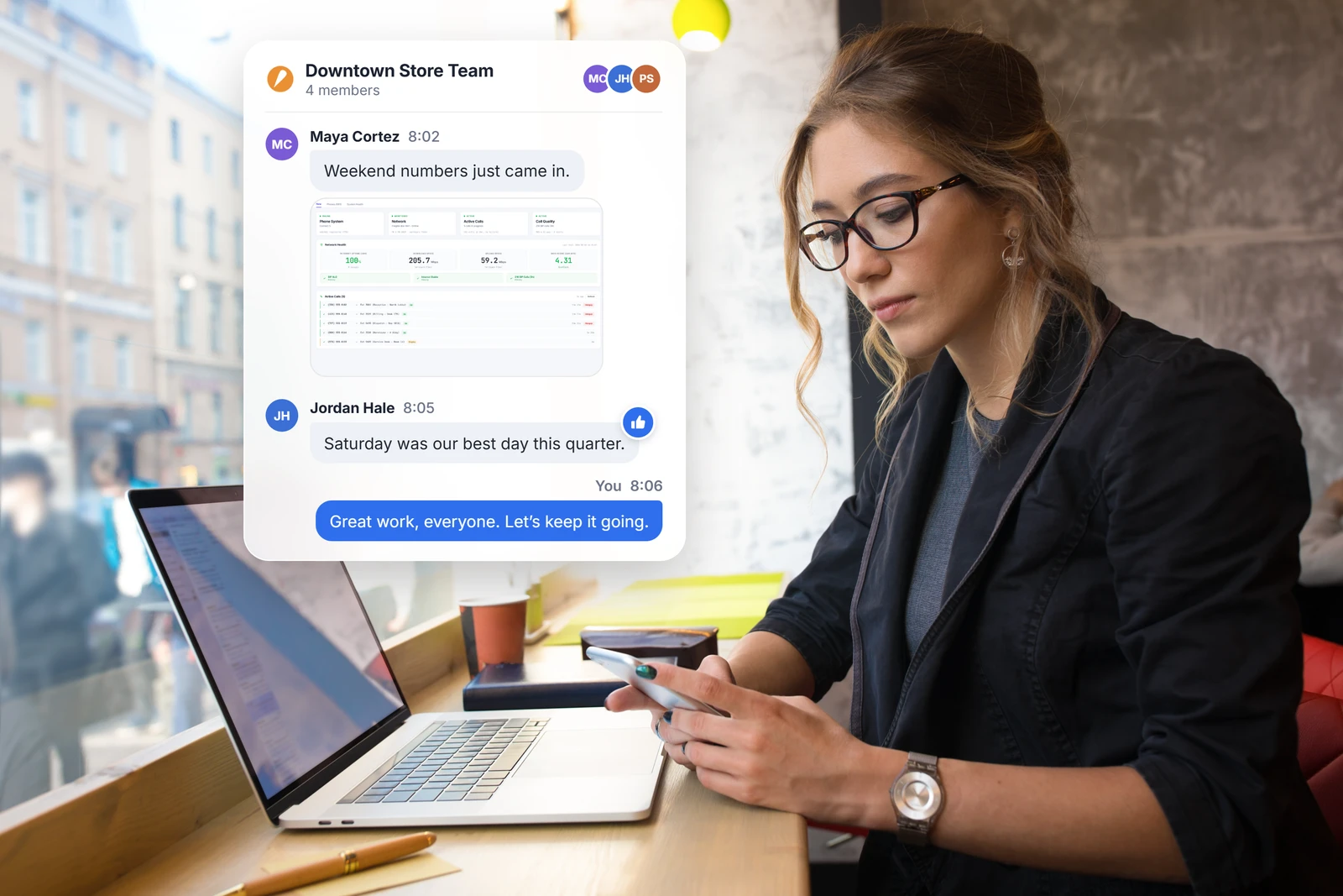 Woman at a laptop reviewing a team chat with message reactions