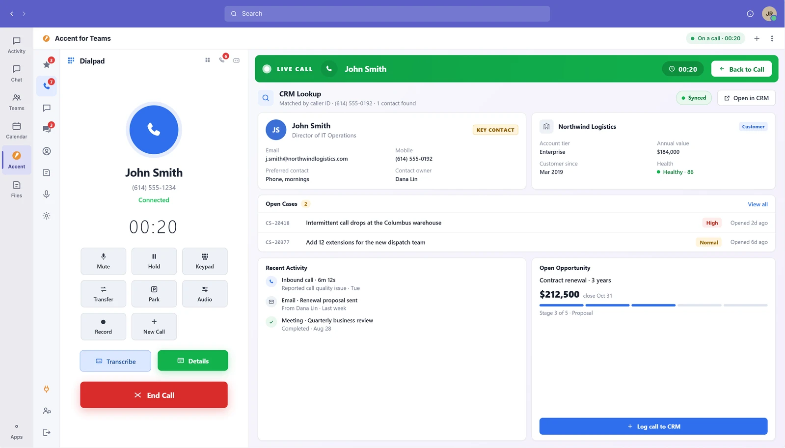 Accent for Teams active call with a matched CRM record