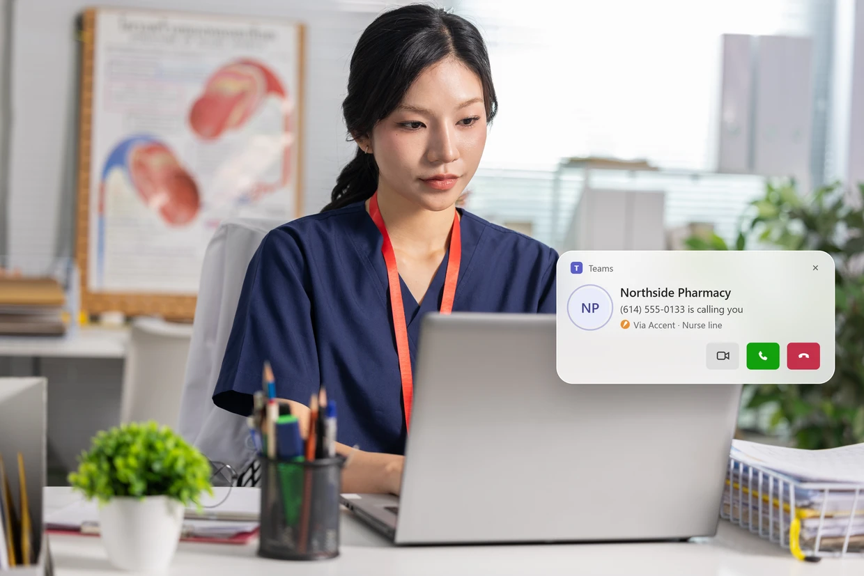 Nurse at a laptop next to a Teams inbound call screen