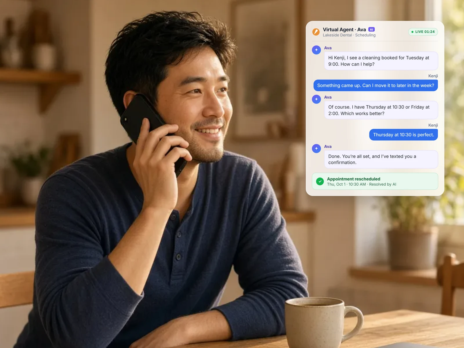 Customer on a phone call at home, with a virtual agent moving a Thursday appointment to 2:00
