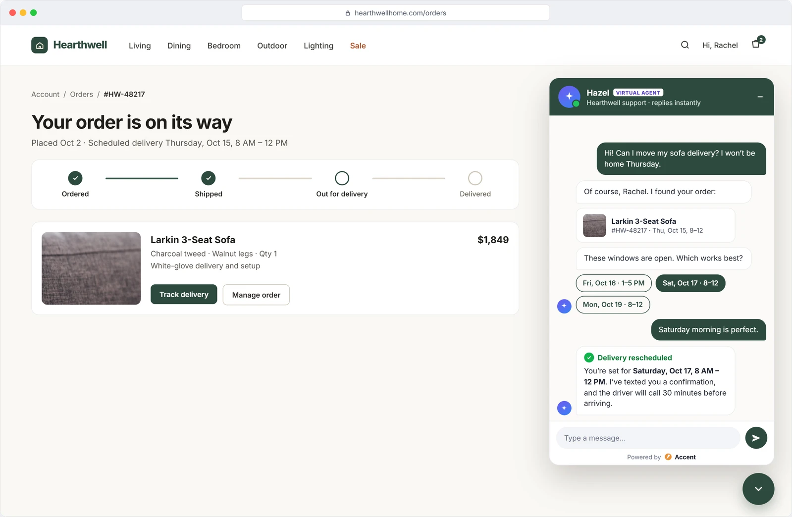 Order tracking page with a virtual agent chat moving a sofa delivery to Saturday morning